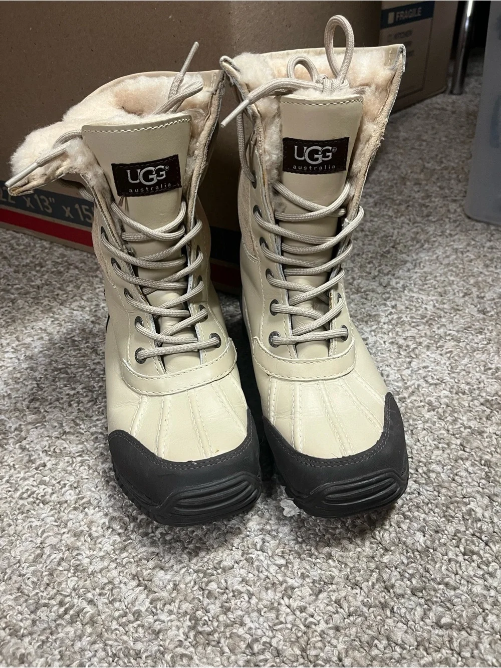 UGG Women's Cream and Black Lace-Up Shearling Winter Boots